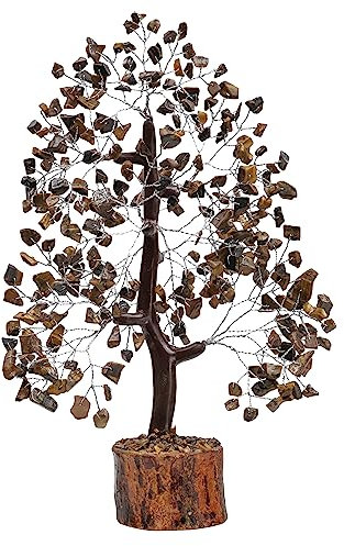 FASHIONZAADI Tiger Eye Gemstone Money Tree Natural Feng Shui Bonsai Healing Stone Crystals Reiki Chakra Good Luck Table Décor Crystal Size 10-12 inch (Silver Wire)