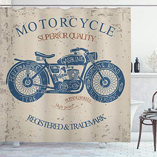 ABAKUHAUS Motorrad Duschvorhang, Retro Chopper Reiter, Stoffliches Gewebe Badezimmerdekorationsset mit Haken, 175 x 180 cm, Blaugrau Tan