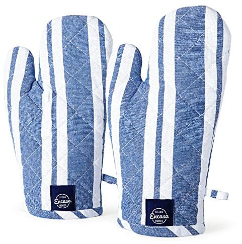 Encasa XO Long 18x30 cm Oven Microwave Hand Gloves Mitts (2 pc set) for Kitchen Cooking & Baking - Heat Resistant, Thick & Safe, Protection of Hands from Hot Utensils, Grill - Franca Blue Stripes