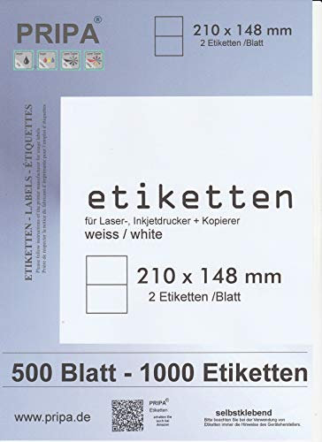 pripa Universal Etiketten 210 x 148 mm - 500 Blatt Großpackung DIN A4-1000 selbstklebende bedruckbare Etiketten - weiß