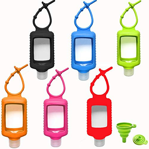 MEMOVAN Travel Plastic Clear Bottles with Silicone Sleeve 6 Pack, Pocket Hand Sanitizer Bottle Refillable Bottle with Keychain Holder, 2oz/60ml Leakproof Empty Squeeze Container Flip Cap, Random Color