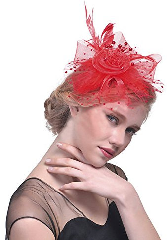 YSXY Coiffure Bibi Mariée Élégante Voile de Mariage Courte en Maille avec Pince à Cheveux Acccesoires Bibi Voile Plume Voilette Fascinants Chapeaux de Mariage avec Plumes et Pince à Cheveux (Rouge)
