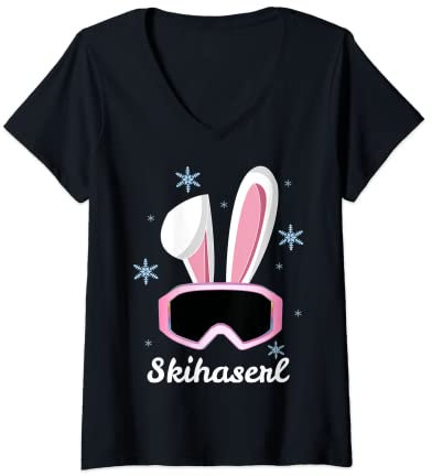 Damen Skihaserl Skihäschen Ski Hase Apres Ski Kostüm Skihaserl T-Shirt mit V-Ausschnitt