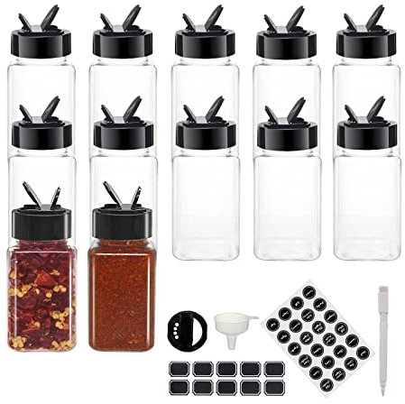 YBCPACK 12 Pack 4oz Plastic Spice Jars with Lids and Labels,Small Square Spice Storage Containers with Black Flip Top Cap for Spice Seasoning Organiser
