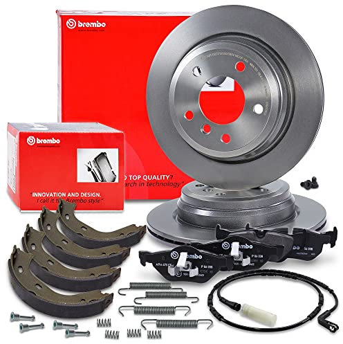 BREMBO Coated Disc Line Bremsenset Hinterachse inkl. Bremsscheiben Hinten Ø 300 mm Belüftet und Bremsbeläge Hinten + Handbremsbacken Kompatibel mit BMW 1er(E81)(E87), 3er (E90)(E93) (E92)(E91)