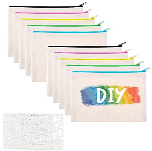 10 Stück DIY Blanko Stoffbeutel, Reise Kulturbeutel, Segeltuch Kosmetiktasche, Kommt mit 4 Zeichenvorlagen, für Reisen Make Up Taschen, Aufbewahrung Schreibwaren