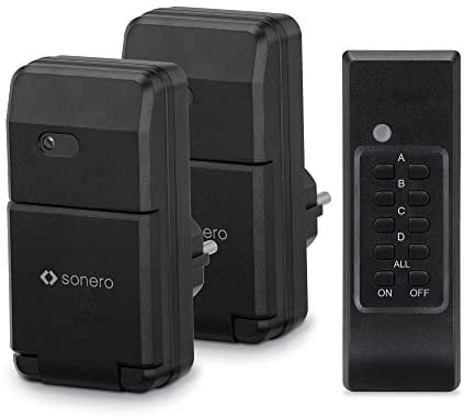 sonero Funksteckdosen Set: 2x Funksteckdose und 1x Funkfernbedienung, 1100 Watt, max. 30m Reichweite, Outdoor, schwarz