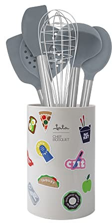 Jata HACC5460 - Utensilios de Cocina de Silicona y Acero Inoxidable del Chef Bosquet con Soporte para guardar, 6 Utensilios: Batidor, Lengua, Cucharón, Pala, Cazo y Espumadera, Antiadherentes