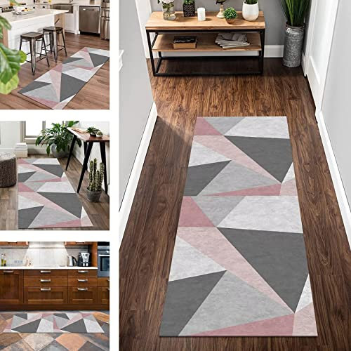 Küchenläufer Teppich Läufer Flur rutschfest, Grau Rosa Geometrie Korridor Teppichläufer Waschbar 50X180CM Modern Läufer Tepiche Flur Schlafzimmer Wohnzimmer Meterware Küchenmatten Breite 40-120cm