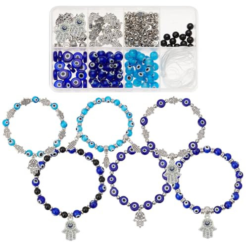 SUNNYCLUE 1 caja de 240 piezas de 6 cuerdas para Hacer Pulseras de Mal de Ojo, 8.{157} in/10.{197} in, Cuentas de Mal de Ojo, Cuentas de Cristal de Murano A Granel, Abalorios de Mano de Hamsa Azul par
