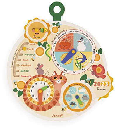 Janod Katze Rad der Zeit Lernkalender für Kinder-Lernspiel-Spielzeug aus FSC-Holz-Ab 3 Jahren, J09623, Mehrfarbig, 37,6 x 41,7 x 2,7