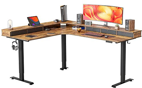 FEZIBO DREI Motoren Schreibtisch Höhenverstellbar Elektrisch mit 5 obere Schublade, L Form Stehpult, Links und rechts austauschbar, 190 x 160 cm eckschreibtisch, Schwarz Rahmen/Braun Tischplatte