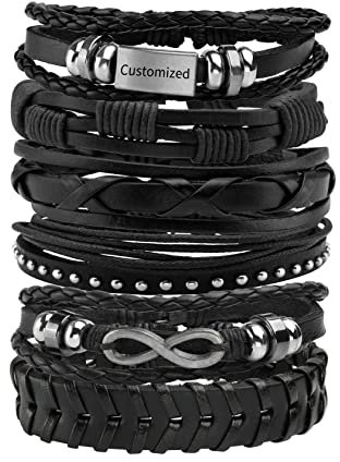 MILAKOO 6 Stk geflochtenes Lederarmband set Herren Punk Armband schwarz Gravur Personalisierung
