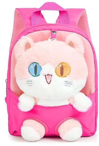 Kleiner Kinderrucksack,Abnehmbarer Plüsch Puppe Kindergartenrucksack,Katze Kindergarten Rucksack Kindertasche für 2-5 Jährige Kindergarten Junge und Mädchen (Rosarot)