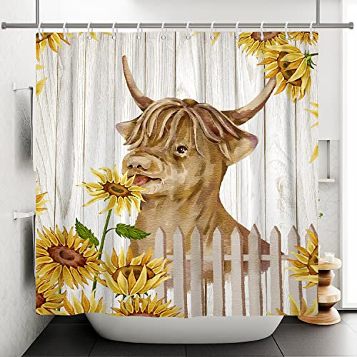 Ttincceer 180x180cm drôle Vache Rideau de Douche Aquarelle Highland Vache Ferme Animal Salle de Bain Rideau Vintage Grange Animaux pastoraux Tournesol Rideaux de Douche Rideau de Baignoire étanche