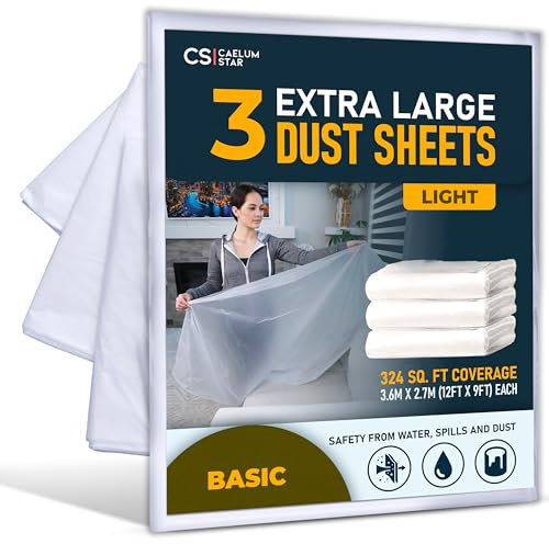 CS 3 Pack Extra Large Plastic Dust Sheets for Decorating 3.6 x 2.7m (12 x 9ft), Light Dust Sheet for Painting & Furniture, Plastic Sheet-Plastic Sheeting-Decorating Tools-Decorating Sheets-Dust Cover