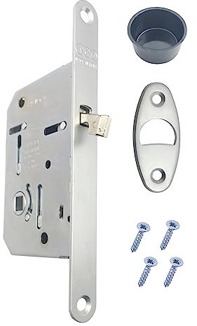 Serratura per Porte Scorrevoli Bagno WC, AGB SCIVOLA TRE, Serratura da infilare nelle porte interne scorrevoli, Modello con 1 solo Foro Quadro Maniglia. Fronte Tondo 16 x 160 mm. (CROMATO OPACO)
