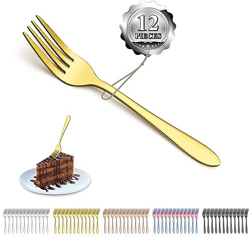 Kyraton 12 piezas 14cm Tenedores de postre dorados chapados en titanio de acero inoxidable, tenedores de pastel, tenedores de frutas, cubiertos de horquilla
