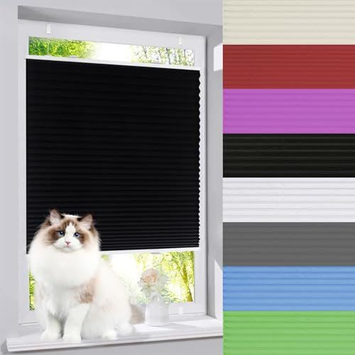 Jalousien Fenster Ohne Bohren 45 x 220 cm Sonnen-, Sicht- & Schallschutz Plissee Klemmfix Rollo Einfache Montage mit Klemmträger für Fenster & Tür, Schwarz