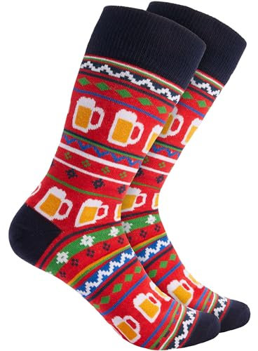 BRUBAKER Weihnachtssocken für Damen und Herren - Weihnachtsmuster mit Bier Rot - Baumwolle Socken Weihnachten - Größe 35-40