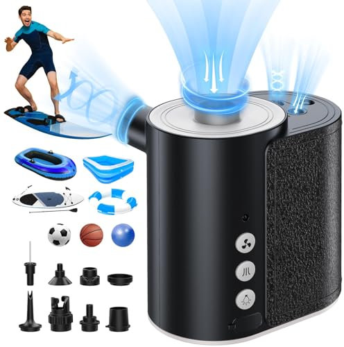 Hooger Multifunctional Electric Air Pump?4000mAh Low/High-Pressure Air Pump with Lighting, 2 Modes Rechargeable Air Pump, 8 Nozzles For SUP, Balloons, Football, Basketball, Airbed, Mattress, etc.