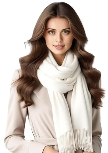 LA FERANI Damen Kaschmir Schal Halstuch dünn Herbst Winter 185x65 Kaschmirschal Weiß geschmeidig stilvoll elegant Wollschal Wolle Uni Farbe Damenschal (Weiss)