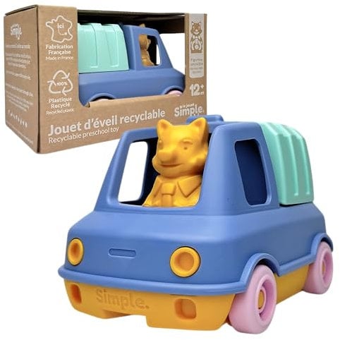Le Jouet Simple - Camion Poubelle - Véhicule Multicolore à ordures - Jouet d’éveil - Écoresponsable - Plastique recyclé - Fabriqué en France - 100% Recyclable - Cadeau 1-4 Ans (Bleu)