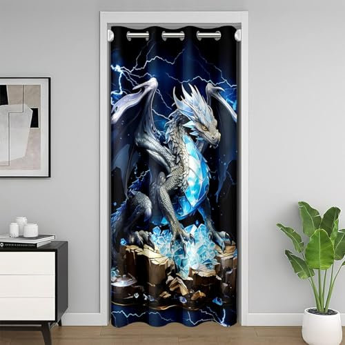 Türvorhang mit 3D-Motiv für Jungen und Mädchen, Motiv: Donner, Blitz, Türvorhang, 86,4 cm B x 203,2 cm, Blau, glänzend, Diamant-Verdunkelungsvorhang, Drache, Tier, Vorhang, Wandteppich für Flur
