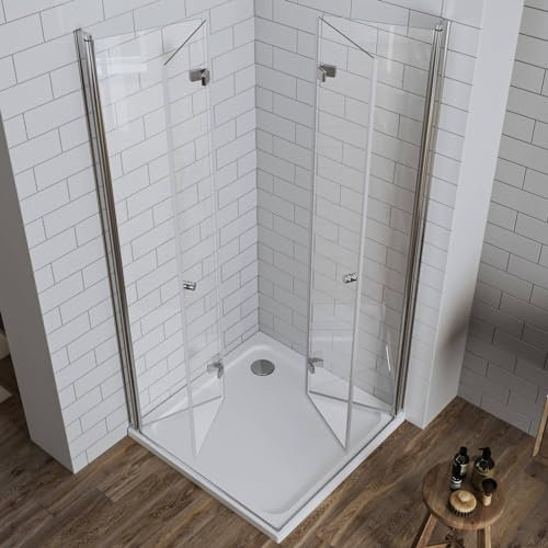 LUXESPIRE Duschkabine MIT Duschwanne und Ablaufgarnitur 90x90cm Eckeinstieg mit 180° faltbarer Tür Duschtür Falttür Duschabtrennung Duschwand 6mm ESG Sicherheitsglas Eckdushe Höhe 185cm