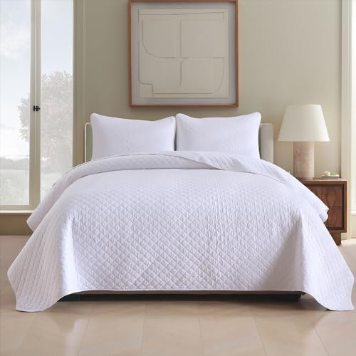 ENASAL Tagesdecken Bettuberwürf aus Baumwolle 220x240cm mit 2 Kissenbezüge für Doppelbett, 3 teilig Steppdecke Bettdecke weiche Ganzjahresdecke, Rautenmuster Weiß, 230x250cm
