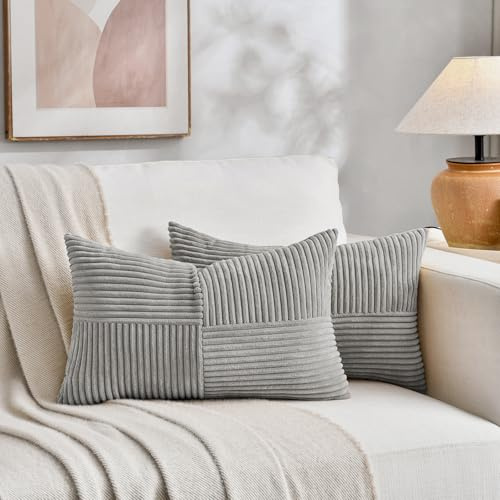 FDTERN 2er Set Neutral Grau Kordsamt Kissenbezug 40x60CM Weich Moderne Dekorative Kissenbezüge Kissenhülle Dekokissenbezug Sofakissen Dekokissen Boho Deko für Sofa Schlafzimmer Wohnzimmer Balkon