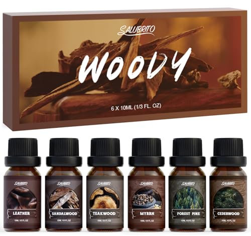 Essential Oils Set, Wood Fragrance Oil Set, Aromatherapy Oil for Diffuser and Home, Forest Pine, Sandalwood, Leather, Teakwood, Myrrh, Cedarwood Scented Oil for Candle, Soap Making