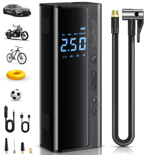 Elektrische Luftpumpe, 3-150psi Einstellbarer Fahrradpumpe Elektrisch, Kompressor Akku mit LCD Zahlenanzeige und Autostop Funktion, Mobile Kompressoren & Luftpumpen mit 6000mAh Akku als USB Powerbank