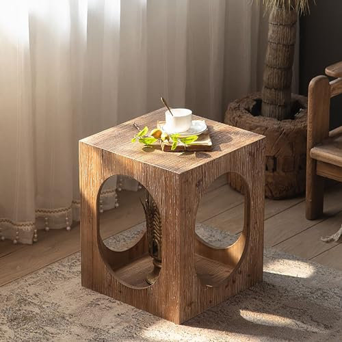 Fslvmin Akzenttisch Aus Massivholz, Hohler Beistelltisch Im Wabi-sabi-Stil, Minimalistischer Beistelltisch mit Stauraum, Vintage-couchtisch für Den Nachttisch Im Wohnzimmer
