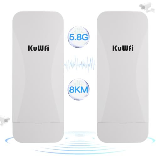 KuWFi Gigabit Wireless Bridge Outdoor, 8KM 5.8G Long Range Point to Point WiFi Bridge, 18dBi High Gain Antenna Ethernet Bridge with 100/1000 LAN Port, 2RJ45, 48VPoE, Support Remote Cloud Service