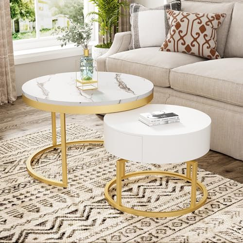 Soweiz Luxus und Modernität Couchtisch-Set, Drehbares, Rundes Hochglanz-Marmormuster, rundes Beistelltisch-Set–2er-Set,Goldenes Metallgestell