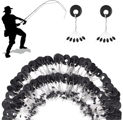 DHWEKU 300 Stück Gummi Angeln Bobber Stopper, Gummistopper Schnurstopper Angeln,6 in 1Gummiperlen Posen Angeln,Angel-Bobber-Stopper,Schwarze Gummiperlen,Stopper für Angelschwimmer