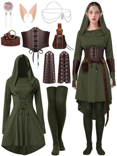 SOMSOC Renaissance-Kostüme für Damen, Weihnachten, Halloween, Feen-Kostüm, mittelalterliche Kapuzenrobe, Schnürkleid, Zubehör-Set, Cosplay