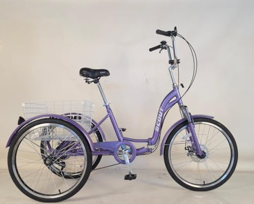 Klappbares Dreirad, 24 Räder, Dreirad mit 6 Gängen, Faltbares Dreirad (Mattes Lila)