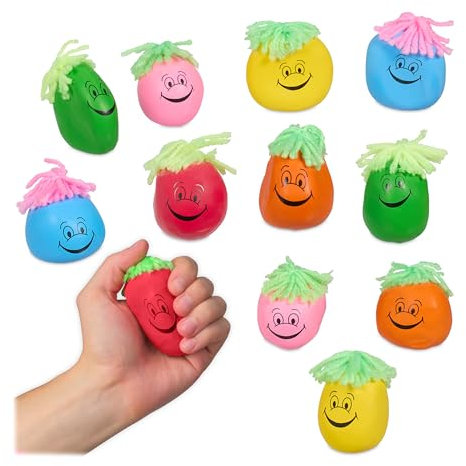 Relaxdays Stressball 6 cm, 12er Set, Grimasse/Haare, Antistressball knetbar für Kinder, Erwachsene, Knautschball, bunt