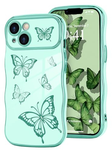 Urarssa Kompatibel mit iPhone 14 Hülle Galvanik Schmetterling Handyhülle Wellen Lockige Mädchen Schutzhülle Flexible TPU Anti-Kratzer Stoßfest Case für iPhone 14 Hellgrün