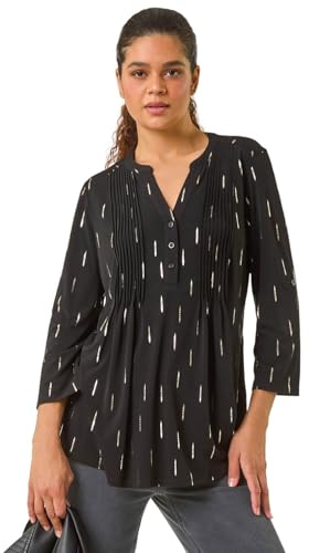 Roman Originals Pintuck Shirt for Women Ladies Jersey Blouse Collarless Top Flare Crinkle Notch Neck Tunic 3/4 Length Sleeve Longline Smart Casual Party Going Out - Silver - Size 10