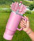 Toykee Cup Boot with Straw Cover for Stanley 40 30 oz - Bling Glitter Light Pink Bow Straw Topper and Diamond Caps with Bottom Protector 3 PCS Sets for Tumbler Accessories