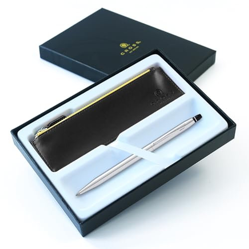 AT Cross Click Kugelschreiber in Geschenkbox mit schwarzem Etui mit Reißverschluss, Design wählen (schwarzer Lack) (mit Gravur, Chrom mit Chromverzierung)