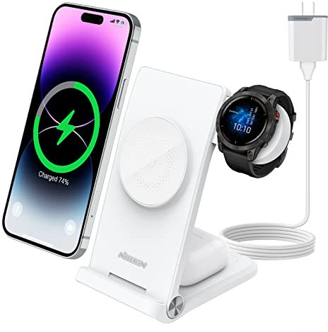 Nillkin 3 in 1 Faltbar Magsafe Ladegerät, Induktive Kabelloses Ladestation für Garmin Watch Fenix/Forerunner/Tactix/Enduro/Epix/GarminMove/D2/INSTINCT,Wireless Charger für iPhone 16/15/14(mit Adapter)