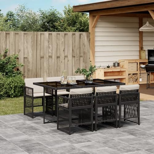 IKAYAA Gartenmöbel Set 6 stühle mit Tisch Rattan Sitzgruppe Garten Essgruppe 6 Personen Gartengarnitur Sitzgruppe Outdoor Sitzgarnitur Terassenmöbel außen-Schwarz und Creme-7-tlg-Typ 2