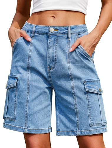 IWD Jean Shorts for Women High Waisted Bermuda Cargo Stretchy Denim Shorts Knee Length 6 Pockets Jorts 2026 Summer Trendy Denim Blue, X-Large
