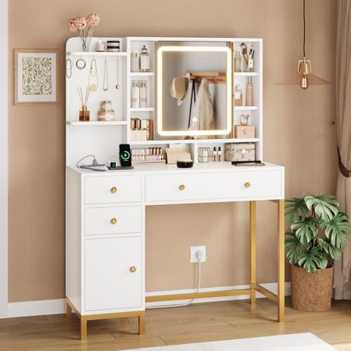 AOGLLATI Weiß Schminktisch mit Steckdose Schminktische mit LED-Beleuchtung,Einstellbarer Helligkeit,Frisiertisch mit Schubladen und Ablagen Kosmetiktisch mit Spiegel