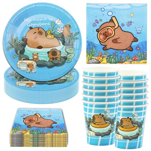 Hmfmdy Set di Stoviglie per Feste a Tema Animali, 40 Pezzi Decorazioni per Feste a Tema Capibara, Stoviglie per Compleanno con Piatti, Bicchieri e Tovaglioli di Carta per -10 Ospiti