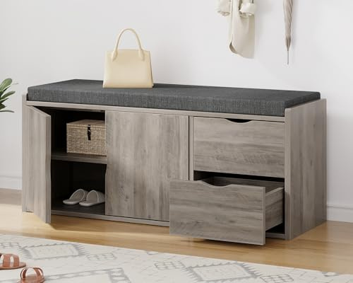 LVB 101cm Sitzbank Schuhregal Gepolstert Stauraum Grau für Flur Wohnzimmer | Schuhbank Sitzbank mit Gepolstert, Multifunktionale Schuhregal mit Schublade für Flur Wohnzimmer Schlafzimmer